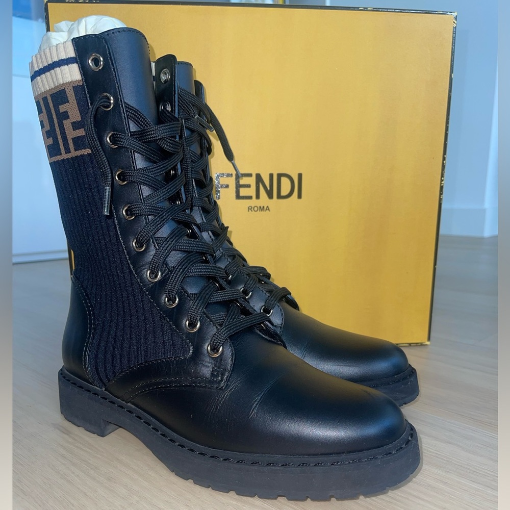 Fendi Black and Tan Lace-Up Boots